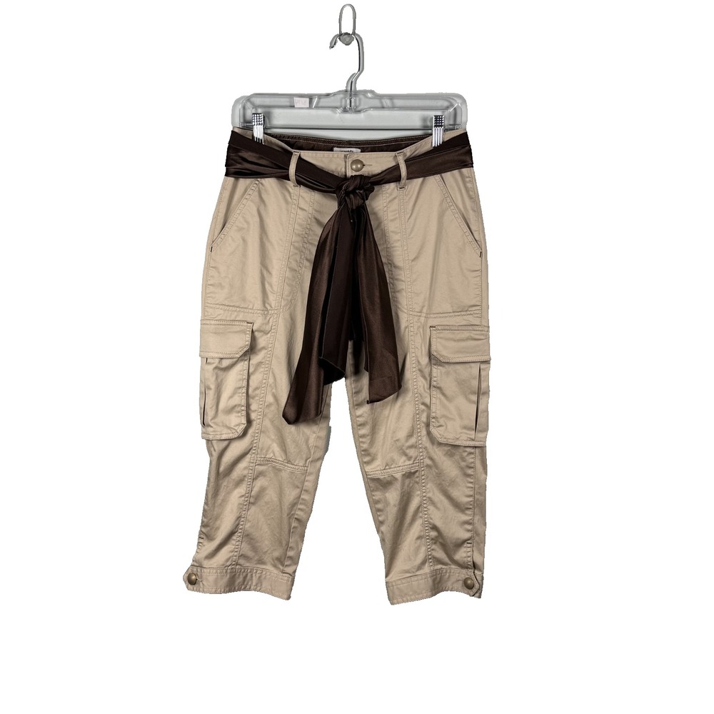 Cache Women's Brown Satin Capri Pants Cargo Pockets Belt Size 4 Y2K Cotton